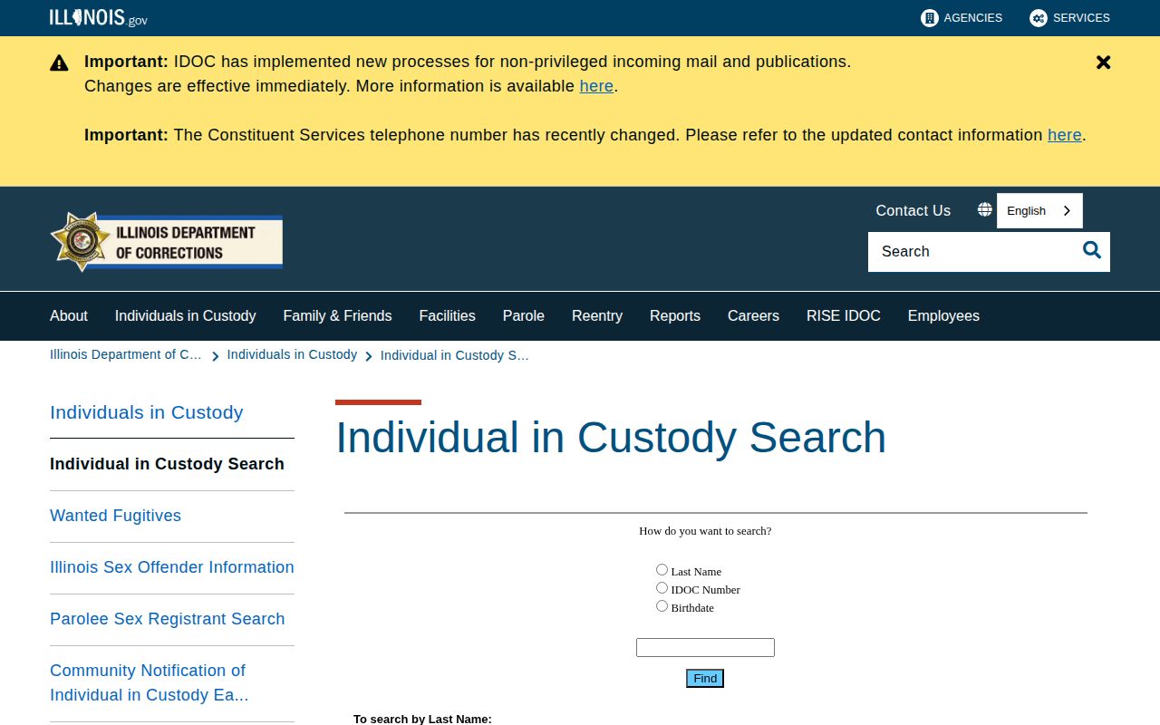 IDOC search fields for Union County released inmates